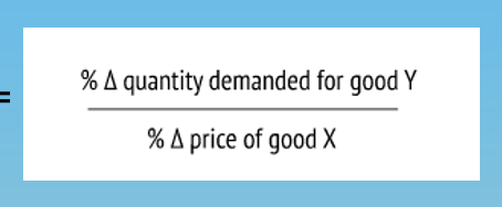 <ul><li><p>measures the effect of a change in the price of one good on consumer demand for another good</p></li><li><p>the significance: </p><ul><li><p>given that most firms sell goods and services which have both complements and substitutes it is important to analyze the presence of cross elasticities</p></li><li><p>complements are goods that are consumed together. substitutes are goods where you can consume one in place of the other</p></li><li><p>complementary goods: if the increase in price of a good/service A decreases the demand for good/service B</p></li><li><p>data on cross elasticities indicates the relative strength or closeness of substitutes as well as the significance of complements</p></li></ul></li></ul><p></p>