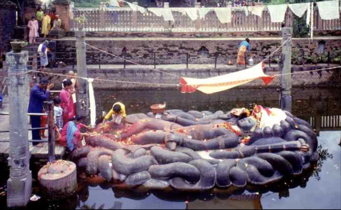 <ul><li><p><span style="background-color: transparent;">Visnu sleeping on Serpent couch “reclining Visnu”</span></p></li><li><p><span style="background-color: transparent;">Placement within water to activate the cosmological significance </span></p><ul><li><p><span style="background-color: transparent;">Nature in cosmic meaning-making</span></p></li><li><p><span style="background-color: transparent;">Tied to politics—shows the ability of kings to harness nature to harness cosmology</span></p></li></ul></li><li><p><span style="background-color: transparent;">Imagery demonstrates Nepal's connection to the rest of the Indian subcontinent</span></p></li><li><p><span style="background-color: transparent;">Stone was likely acquired elsewhere and brought to the site</span></p></li><li><p><span style="background-color: transparent;">Charged with sensory experience in ritual context</span></p></li></ul><p></p>