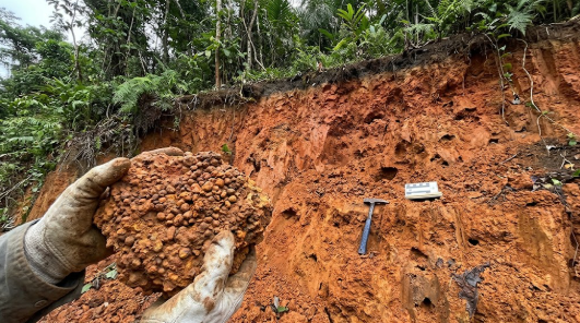 <p>What term/concept is being visualized in this image?</p><p>Definition: The world's primary source of aluminum, formed by intense tropical chemical weathering that leaches away all other soluble minerals.</p>