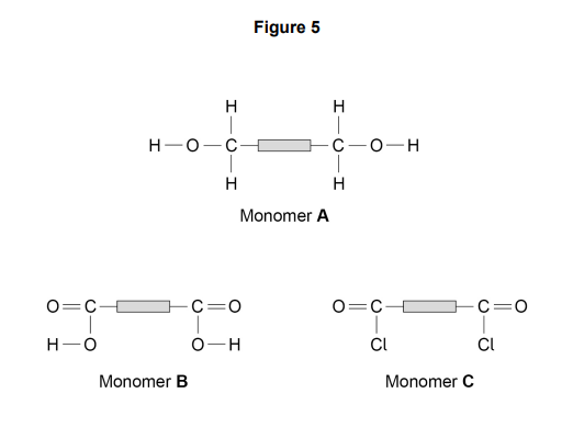 <p>Figure 5 shows three monomers, A, B and C. </p><p>Monomer A can react with monomer B and with monomer C to produce polyesters.</p><p><strong><mark data-color="yellow" style="background-color: yellow; color: inherit;">Complete</mark> Table 2 to show the formula of the small molecule produced when:</strong></p><ul><li><p><strong>monomer A reacts with monomer B</strong></p></li><li><p><strong>monomer A reacts with monomer C</strong></p></li></ul><p><strong>[1 mark]</strong></p><table style="min-width: 50px;"><colgroup><col style="min-width: 25px;"><col style="min-width: 25px;"></colgroup><tbody><tr><td colspan="1" rowspan="1" style="border-width: 1pt; border-style: solid; border-color: rgb(0, 0, 0); vertical-align: top; padding: 5pt; overflow: hidden; overflow-wrap: break-word;"><p><span style="background-color: transparent;"><strong>Reacting monomers</strong></span></p></td><td colspan="1" rowspan="1" style="border-width: 1pt; border-style: solid; border-color: rgb(0, 0, 0); vertical-align: top; padding: 5pt; overflow: hidden; overflow-wrap: break-word;"><p><span style="background-color: transparent;"><strong>Formula of small molecule produced</strong></span></p></td></tr><tr><td colspan="1" rowspan="1" style="border-width: 1pt; border-style: solid; border-color: rgb(0, 0, 0); vertical-align: top; padding: 5pt; overflow: hidden; overflow-wrap: break-word;"><p><span style="background-color: transparent;">A and B</span></p></td><td colspan="1" rowspan="1" style="border-width: 1pt; border-style: solid; border-color: rgb(0, 0, 0); vertical-align: top; padding: 5pt; overflow: hidden; overflow-wrap: break-word;"><p><span style="background-color: transparent;">1</span></p></td></tr><tr><td colspan="1" rowspan="1" style="border-width: 1pt; border-style: solid; border-color: rgb(0, 0, 0); vertical-align: top; padding: 5pt; overflow: hidden; overflow-wrap: break-word;"><p><span style="background-color: transparent;">A and C</span></p></td><td colspan="1" rowspan="1" style="border-width: 1pt; border-style: solid; border-color: rgb(0, 0, 0); vertical-align: top; padding: 5pt; overflow: hidden; overflow-wrap: break-word;"><p><span style="background-color: transparent;">2</span></p></td></tr></tbody></table><p></p>