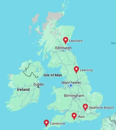 <p>Leuchars - coastal - windier </p><p>Leeming</p><p>Heathrow </p><p>Hurn </p><p>Cambourne - coastal - windier</p>