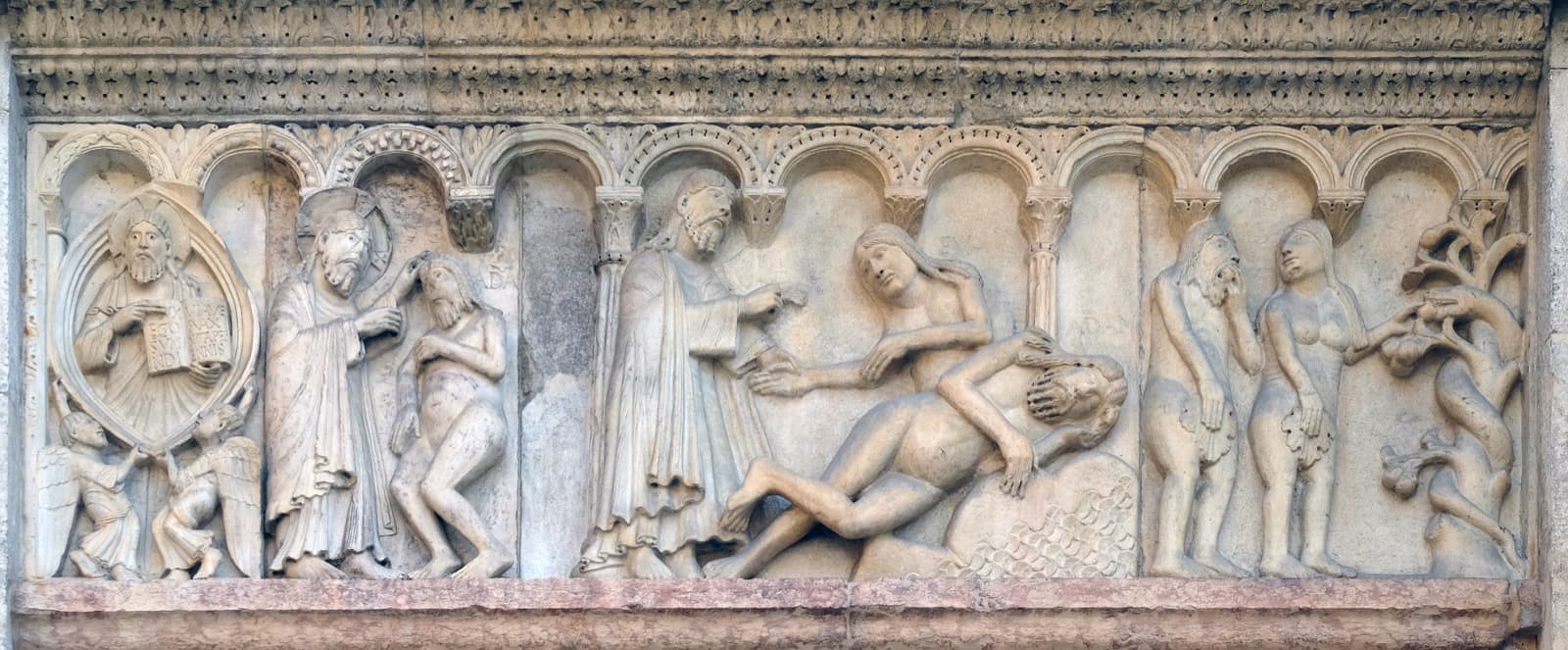 <p>Romanesque</p><p></p><p>Marble relief</p><p></p><p>Commissioned as part of a major civic and religious renewal program. Depicts genesis.</p>