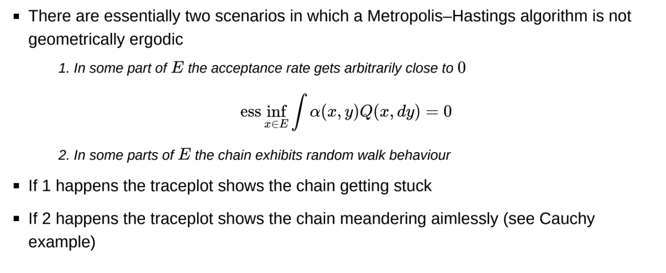 <p>Ess inf: essential infimum / lower bound</p><p></p><p>In some part of E, the acceptance rate gets arbitrarily close to 0 or to 1. Chain gets stuck or exhibits random walk behaviour</p><p></p><p>1: acceptance rate too low</p><p>2: acceptance rate too high</p><p></p><p></p>