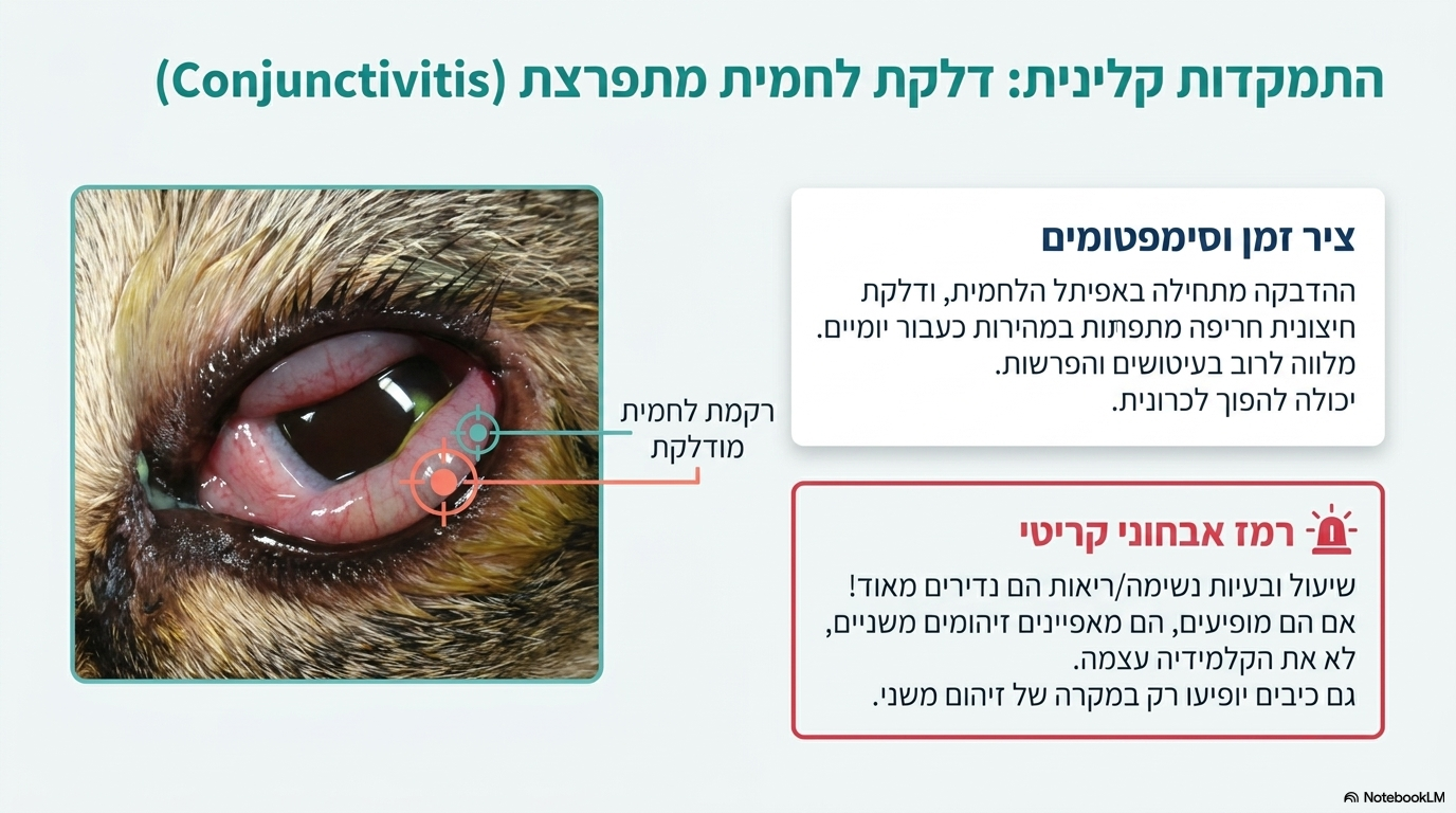 <ul><li><p><strong>תחילת ההדבקה:</strong> ההדבקה מתחילה ישירות ב<strong>אפיתל הלחמית של העין</strong> ומשם מתפשטת לאיברים נוספים.</p></li><li><p><strong>דלקת הלחמית:</strong> זהו הסימן הקליני המרכזי והנפוץ ביותר של קלמידיה. הדלקת מתפתחת כעבור יומיים מההדבקה ועלולה להפוך לכרונית <em>(כמוצג באיור 8 המציג לחמית עין נפוחה מאוד, אדומה ומודלקת עם הפרשה רירית)</em>. בדרך כלל מדובר בדלקת לחמית חיצונית.</p></li><li><p><strong>דלקת האף:</strong> פגיעה בריריות האף הגורמת להפרשות ועיטושים.</p></li><li><p><strong>סיבוכים וכיבים:</strong> מתפתחים בעיקר כאשר ישנו זיהום חיידקי משני מפתוגנים אחרים.</p></li><li><p><strong>בעיות נשימה ושיעול:</strong> נחשבים ל<strong>נדירים מאוד</strong> בקלמידיה פשוטה, ומהווים עדות להתפתחות זיהום משני בריאות</p></li></ul><p></p>