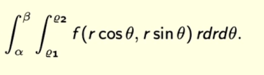 <p>Hvor <strong>ρ1 og ρ2</strong> bedriver min og max verdier av radien og<strong> α og β</strong> beskriver vinkelspennet</p><p></p><p>obs: r>0 og 0 <span>≤ </span>θ <span>≤ </span>2π fordi ved integrasjon trenger vi entydighet, aka. et hvert punkt (x,y) sendes til ét punkt (r,θ)</p>