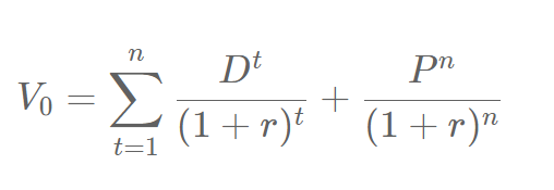 <p>Intrinsic Value = PV of Future Dividends + PV of terminal value </p><p>Used to calculate a stocks intrinsic values based on present value of it expected future dividends.</p>