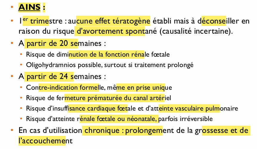 <p> Médicaments à risque fœtal et/ou néonatal</p><ul><li><p>AAS</p></li></ul><p></p><p>jusque 20 sem pas risque si prise ponctuelle </p><p>privilégier paracétamol!!!</p>