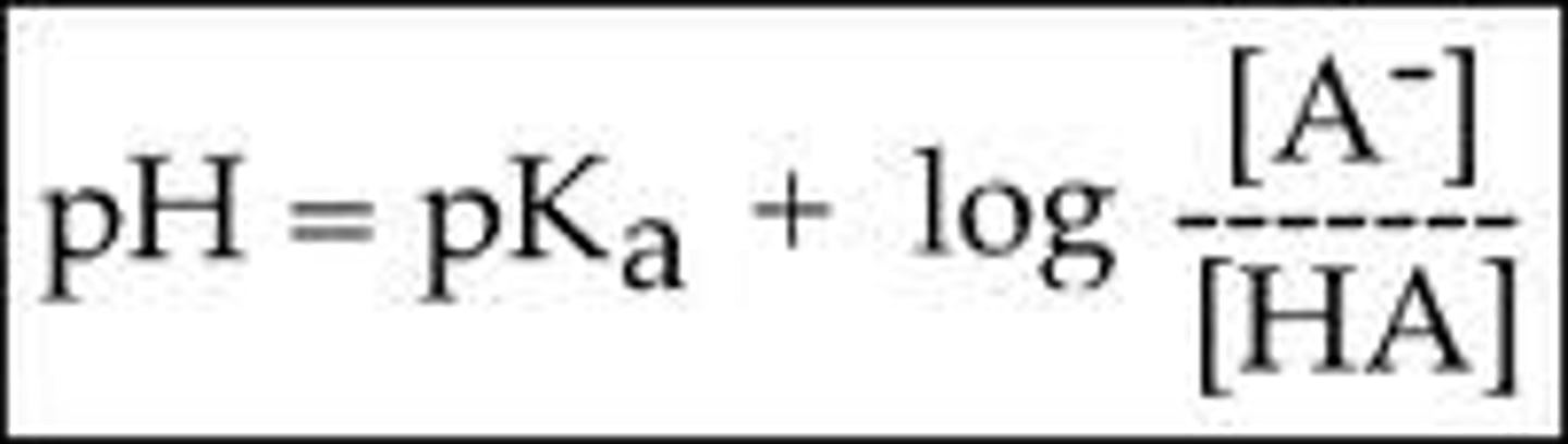 <p>henderson hasselbach equation</p><p>ph = pka + log (A/HA)</p>