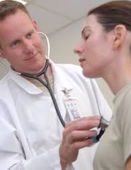 <p>physician listens to sounds coming from within patient's body</p>