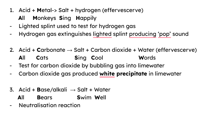 <p>effervescene → gas bubbles observed due to gas produced</p><p>ionic equation for any neutralisation reaction is H⁺ (aq) + OH⁻ (aq) → H₂O (l)</p><p></p>