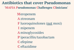 <p>MAFIA Pseudomonas Challenge Clinicians</p><p>Meropenem</p><p>Azetreonam</p><p>Fluoroquinolone (except Moxi)</p><p>Imipenem/cilastatin</p><p>Aminoglycoside (-mycin)</p><p>Pip/tazo</p><p>cefepime</p><p>ceftazidime</p>
