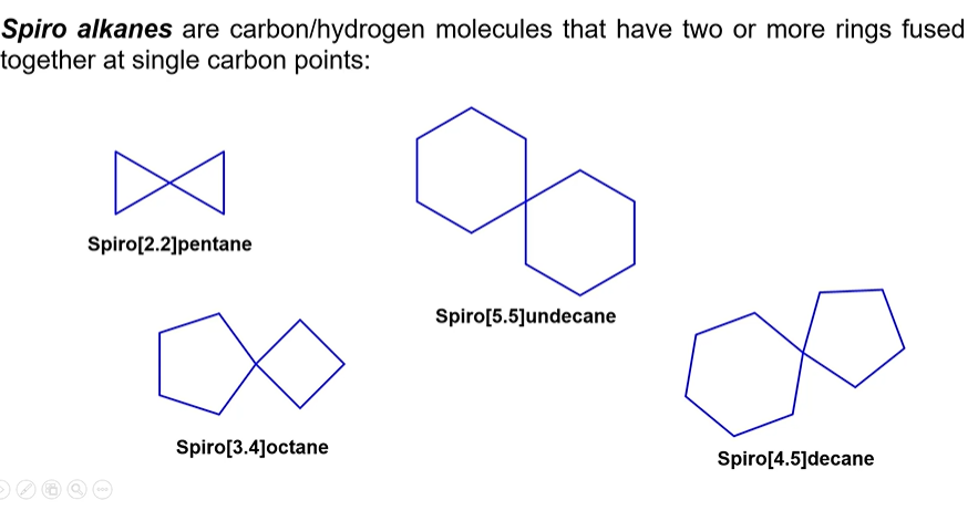 <p>IUPAC names for spiro alkanes have the format <strong>spiro[a.b]paren</strong>t <strong>name</strong>.</p><p></p><p>• Count the <strong>total number </strong>of <strong>carbons </strong>across the entire molecule.</p><p>• Count the number of <strong>carbons to the left</strong>, and to the <strong>right.</strong> These numbers are a and b in your IUPAC name, listed from <strong>lowest </strong>to <strong>highest</strong>.</p><p>• Write your final IUPAC name as <strong>spiro[a.b]parent name.</strong></p>