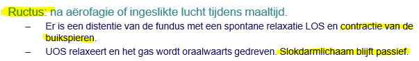 <p><span><em><u>Als je lucht inslikt:</u></em></span></p><p style="text-align: left;"><span>Er is een distentie van de fundus waardoor onderste sfincter relaxeert spontaan als bechermingsmechanisme tegen ongemak (want als de maag te fel uitzet door ingeslikte lucht kan dit pijn / ongemak geven).</span></p><p style="text-align: left;"><span>Bovenste sfincter relaxeert ook.</span></p><p style="text-align: left;"><span>Gas wordt uitgesdreven en laat boer.</span></p>