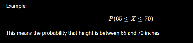 <p>For a discrete variable, you can find the probability of one exact value.</p><p>Example: P(X=3)</p><p>But for a continuous variable, there are <strong>infinitely many possible values</strong>, so the probability of one exact value is basically <strong>zero</strong>.</p><p>Example: </p><p>If<strong> X is height</strong>, then: <strong>P(X=68.0000000...)</strong></p><p>is <strong>essentially 0</strong> because there are<strong> infinitely</strong> many possible heights.</p><p>So instead, we find the probability that X falls within a <strong>range</strong>:<strong> P(a ≤ X ≤ b)</strong></p>