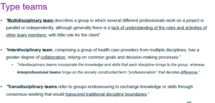 <p><strong>Multidisciplinair team</strong><br>= Verschillende professionals werken naast elkaar aan dezelfde cliënt, maar vooral vanuit hun eigen expertise. Er is weinig afstemming en de cliënt heeft meestal weinig invloed.</p><p><strong>Interdisciplinair team</strong><br>= Verschillende professionals werken actief samen, hebben gezamenlijke doelen en nemen samen beslissingen.</p><p><strong>Interprofessioneel team</strong><br>= Lijkt op interdisciplinair, maar legt meer nadruk op de samenwerking tussen verschillende beroepsgroepen en hun professionele rollen.</p><p><strong>Transdisciplinair team</strong><br>= De meest vergaande vorm van samenwerking. Professionals delen kennis en vaardigheden met elkaar en overstijgen de grenzen van hun eigen discipline.</p><p><strong>Ezelsbrug </strong><span data-name="purple_heart" data-type="emoji">💜</span><strong>:</strong><br>Multidisciplinair = naast elkaar werken.<br>Interdisciplinair = samenwerken.<br>Interprofessioneel = samenwerken tussen beroepsgroepen.<br>Transdisciplinair = grenzen tussen beroepsgroepen vervagen. <span data-name="sparkles" data-type="emoji">✨</span></p>