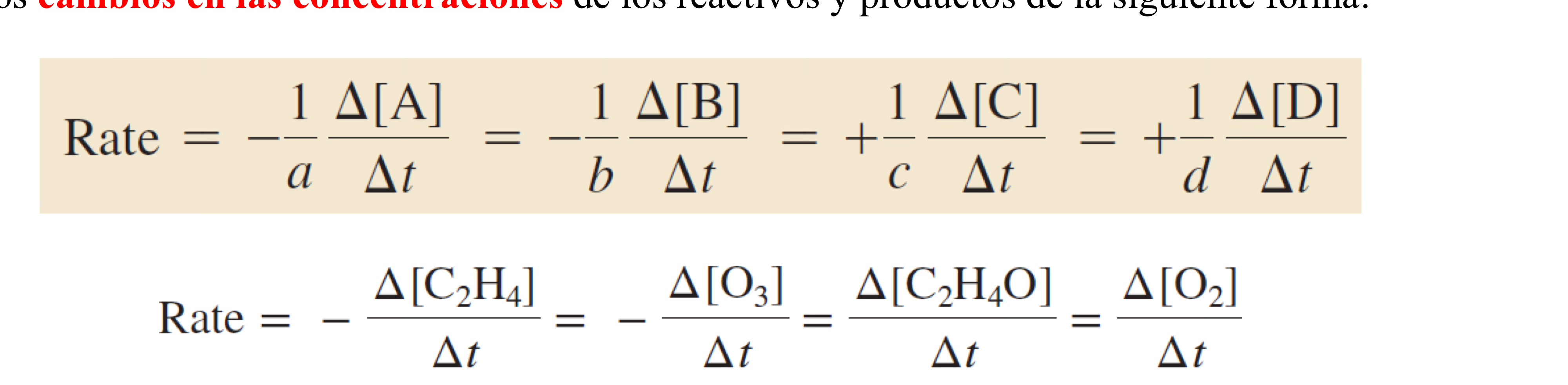 <p><span style="font-family: Wingdings; line-height: normal; font-size: 12.6px;"> </span><strong>Rapidez de reacción: </strong>Expresa cuan rápido puede ocurrir una reacción química</p><p><span style="font-family: Wingdings; line-height: normal; font-size: 12.6px;"> </span>Se puede calcular la <strong>rapidez de reacción </strong>promedio en cualquier <strong>intervalo de tiempo</strong></p><p></p><p><span style="font-family: Wingdings; line-height: normal; font-size: 12.6px;"> </span><strong>Reacción</strong>: Donde a, b, c y d son los <strong>coeficientes de la ecuación balanceada</strong>. La <span><strong>rapidez de reacción </strong></span>se puede expresar</p><p>en términos de los <span><strong>cambios en las concentraciones </strong></span>de los reactivos y productos de la siguiente forma:</p>