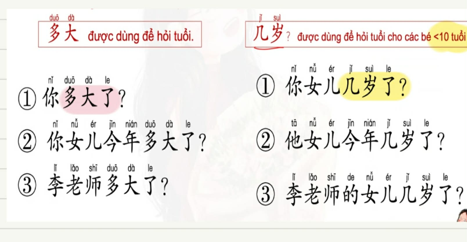 <p>ex: 你 的 汉语 老师 <em><u>今年</u></em> <span style="color: yellow;"><strong>多 大 了</strong></span>? Nǐ de hànyǔ lǎoshī jīnnián duōdà le</p><p>→ 我 的 汉语 老师 <em><u>今年</u></em> <span style="color: yellow;"><strong>33 岁了   </strong></span>Wǒ<span style="color: yellow;"> </span>de hànyǔ lǎoshī jīnnián 33 suì le</p>