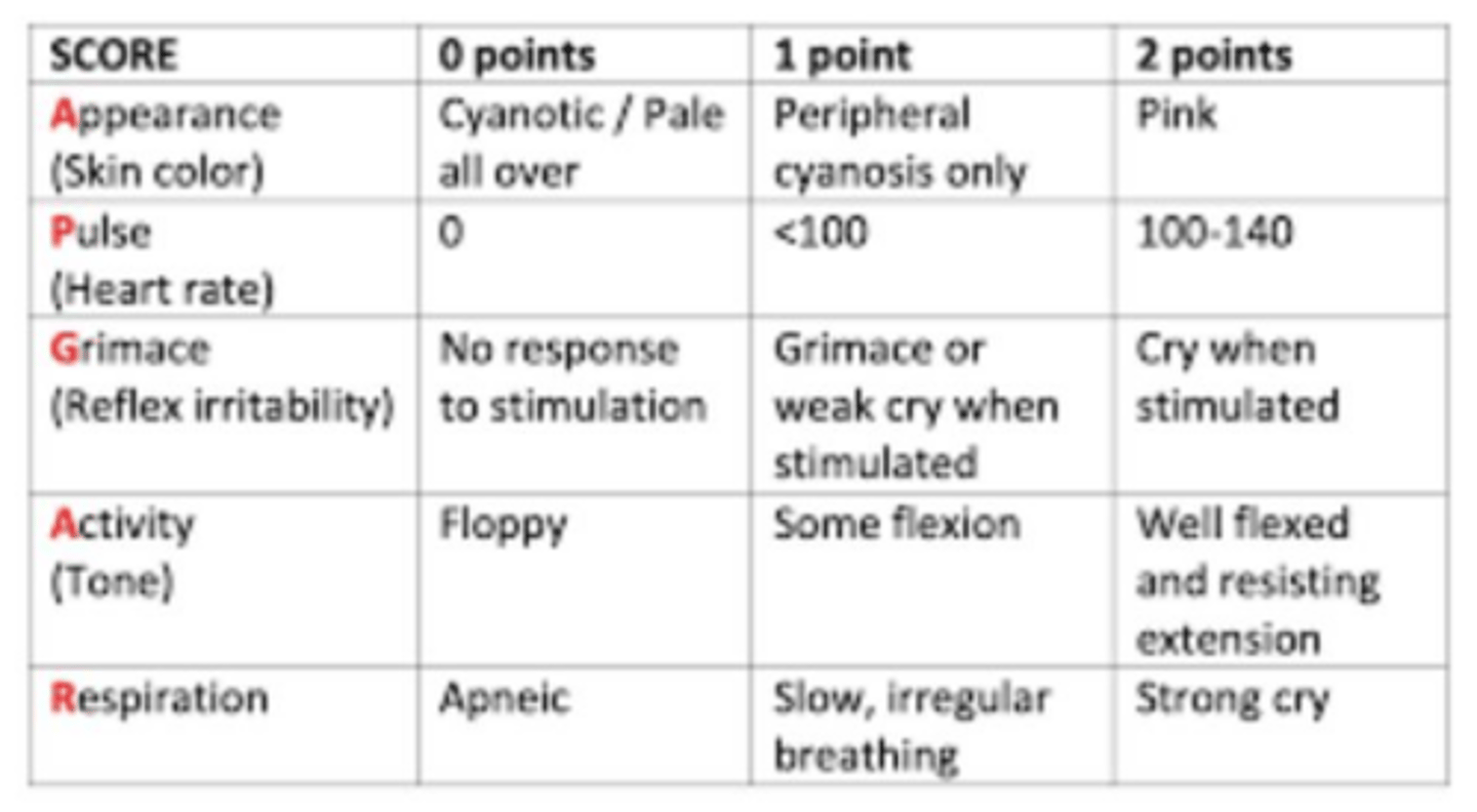 <p>A quick test performed on a newborn at 1 and 5 minutes after birth to assess their health.</p>