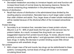 <p>water based drugs will require a higher dose </p><p>đź’ˇnumber of factors that affect the pharmacokinetics/pharmacodynamics of anesthetics in neonates: </p><p>-immature organ systems: liver, renal, neurologic </p><p>-larger volume of distribution</p><p>-decreased protein binding </p><p>-decreased fat content</p>