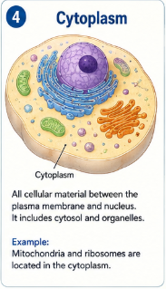 All cellular material between the plasma membrane and nucleus. It includes cytosol and organelles. Example: Mitochondria and ribosomes are located in the cytoplasm.