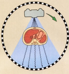 <p>an x-ray tube spins around the patient</p>