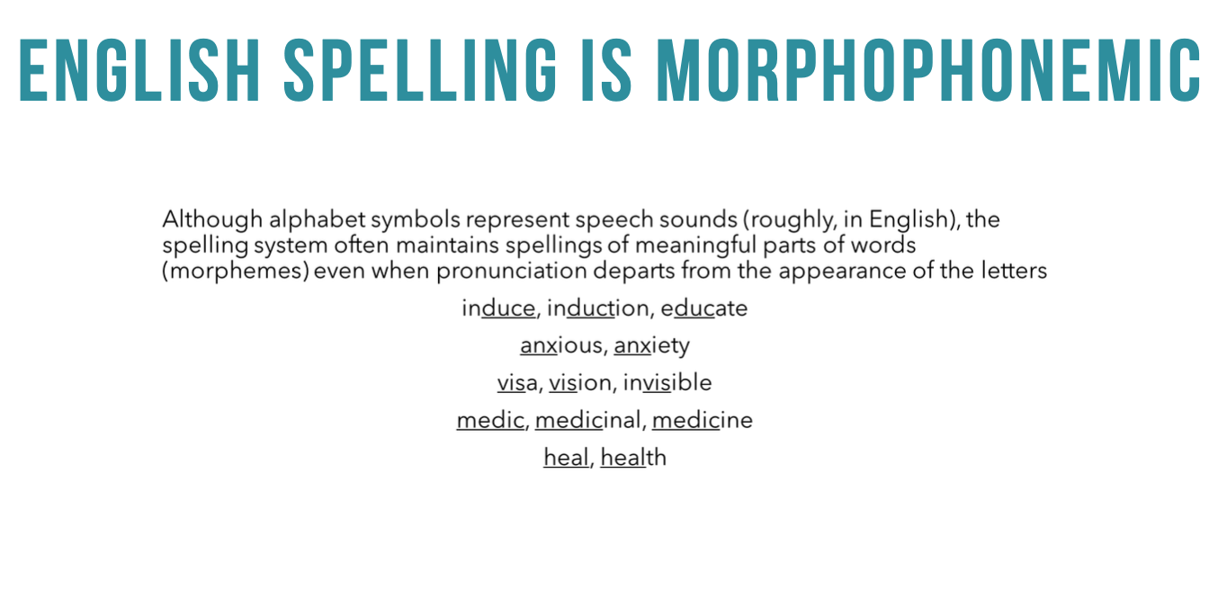 <p>even if pronounciation of words changes or add another derivational morpheme (e.g., -ed), usually affix will stay how it is usually spelled</p>