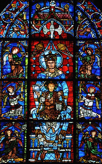 <p>Early gothic</p><p></p><p>Stained glass, lead cames</p><p></p><p>celebrates for luminous background. Visual prayer honoring Mary as the queen of heaven and the primary intercessar between humanity and god.</p>