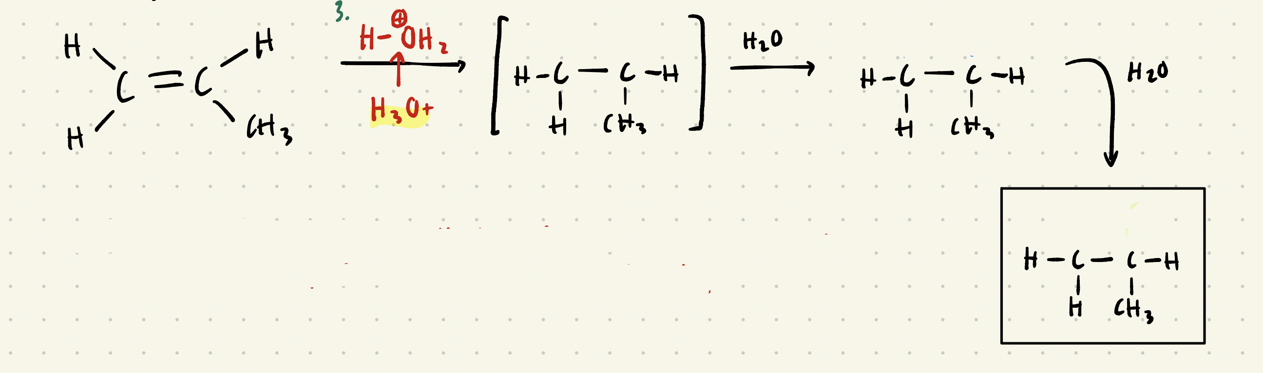 <p>Hydration of alkenes, leading to the addition of an -OH group and H, typically in Mark. positions. </p>
