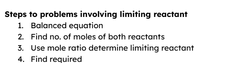 <p><span style="background-color: transparent;"><strong>**</strong> The amount of product formed depends on the amount of limiting reactant present&nbsp;(start with limiting reactant on left in mole ratio)</span></p><p></p><p><span style="background-color: transparent;">what is left behind is products formed + reactants in excess</span></p><p><br></p>
