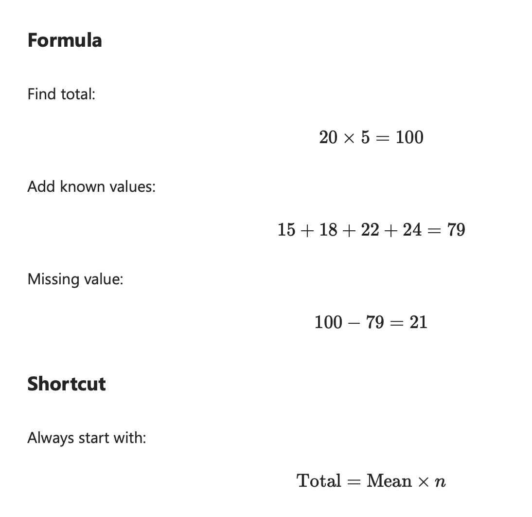 <p>Missing Value from Mean</p><p><strong>Mean Average x n (observations) - (sum of the total known values)</strong></p><ol><li><p>Find the total sum of all 8 observations by adding them all together (e.g. 15 + 18 + 22 + 24 = 79). </p></li><li><p>Multiply this number (79) by n (the total observations, even the one that we are not sure of). 79 × 5 = 395. </p></li><li><p>Add the total of the know numbers = 79. </p></li><li><p>Find the missing value by 395 - 79 = 316. </p><ol><li><p>Missing value = average x n - (sum of the whole values)</p></li></ol></li></ol><p>Look for:</p><ul><li><p>Mean known</p></li><li><p>One observation missing</p></li></ul><p></p>