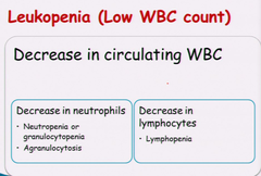 <p>White blood cell count under 4,000, due to viral infection, aplastic anemia, or medications like chemotherapy, antidepressants, psychotics.</p>