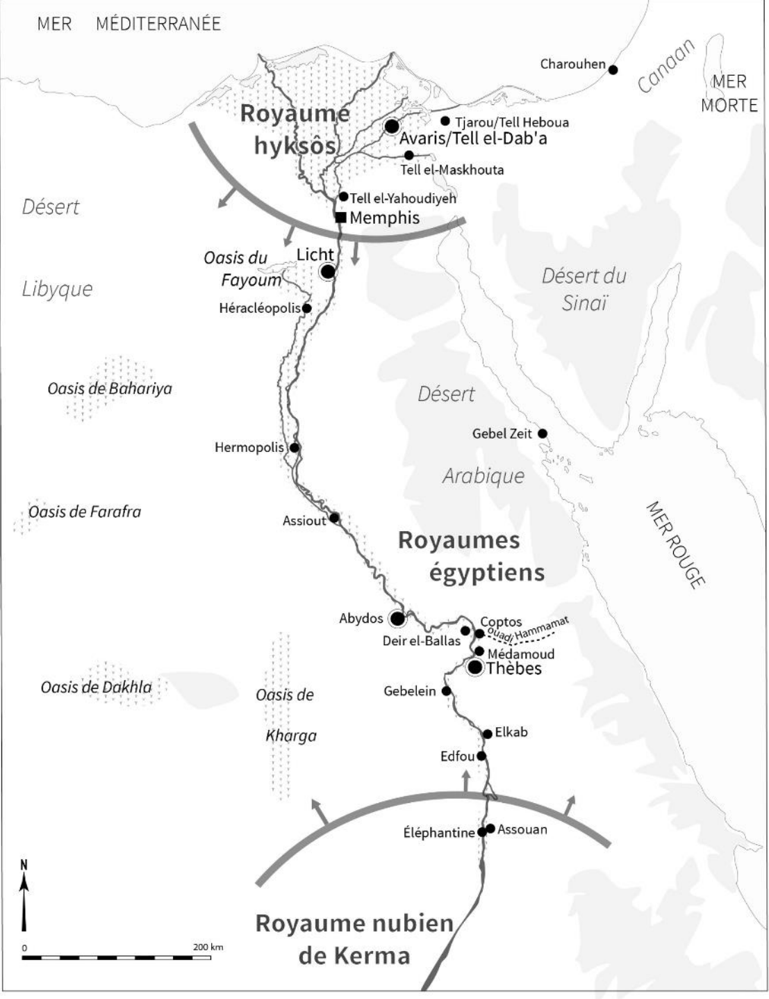 <p>-1700– -1539</p><p>Dynasties 14–17</p><p>Affaiblissement progressif sous la XIIIe dynastie : <u>rois non issus de la famille royale</u> (roturiers - простолюдины). </p><p>→ Installation pacifique de populations cananéennes dans le delta (Tell el-Daba) → fondation de la XIVe dynastie</p><p>→ Vers 1660, arrivée brutale d’un autre groupe cananéen : les Hyksôs → fondation de la XVe dynastie</p><p>→ Le sud reste au pouvoir des XIIIe, XVIe puis XVIIe dynasties.</p><p>Во Второй переходный период Египет раскололся: </p><ul><li><p>север контролировали cananéennes и затем Hyksôs (XIV–XV династии), </p></li><li><p>юг оставался под властью фиванских царей (XIII, XVI и XVII династии), пока Amosis Ier не изгнал Hyksôs и не основал Новое царство.</p></li></ul><p></p><p><strong>Cananéens</strong> sont les populations qui vivaient au <strong>Levant</strong> (Palestine, Israël, Liban et une partie de la Syrie et de la Jordanie actuels) durant l’Antiquité.</p><p>Les <strong>Hyksôs</strong> sont des populations d’origine cananéenne ou levantine</p>