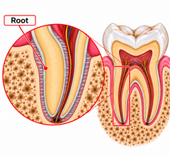 <p>The portion of the tooth that is below the CEJ and normally embedded in the alveolar bone, anchoring the tooth within its socket.</p>