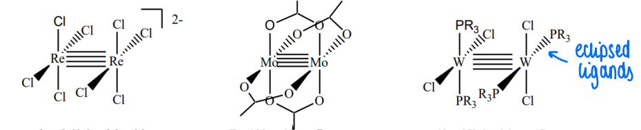 <p>d4 metal form quadruple bonds to another metal. The ligands form a square planar geometry around the metal, forming an eclipsed structure.</p>