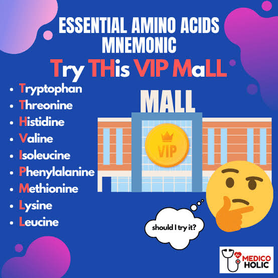 <p>Try THe VIP MaLL | WTH VI FMKL What The Hell VI? Fck My Killer Life</p><ol><li><p>Tryptophan Try W</p></li><li><p>Threonine Thr T</p></li><li><p>Histidine His H</p></li><li><p>Valine Val V</p></li><li><p>Isoleucine Ile I</p></li><li><p>Phenylalanine Phe F</p></li><li><p>Methionine Met M</p></li><li><p>Lysine Lys K</p></li><li><p>Leucine Leu L</p></li></ol><p>(our bodies can synthesize these, but the metabolic pathways to produce them require EXPENSIVE energy, so just prefer to outsource them than synthesizing)</p>