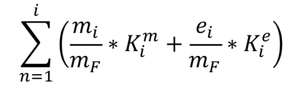 <p>mf = mass of functional unit [ kg ] </p><p>mi = mas flow, i [ kg ] </p><p>ei = energy flow [ MJ ] </p><p>Ki = full fuel cycle value of the impact category of interest per unit mass or energy of i [ MJ / kg  or MJ / MJe] </p>