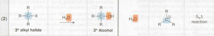 <ul><li><p>H<sub>2</sub>O</p><ul><li><p>The oxygen is the nucleophile</p></li></ul></li><li><p>S<sub>N</sub>1</p></li></ul><p></p>
