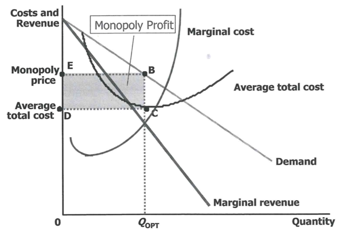 <ul><li><p>MR = MC</p></li><li><p>optimum → P < MR</p><ul><li><p>ervoor: marginale winst </p></li><li><p>erna: marginaal verlies</p></li></ul></li><li><p>winst = (P - ATC) x Q</p><ul><li><p>geen krachten die dwingen om produceren tegen lagere kosten/prijzen</p></li></ul></li></ul><p></p>