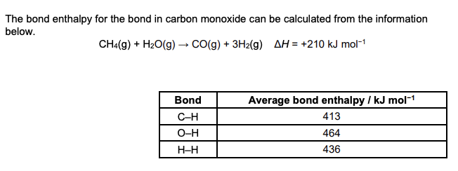 <p><strong>Calculate the bond enthalpy for the bond in carbon monoxide. Show your working. (3 marks)</strong></p>