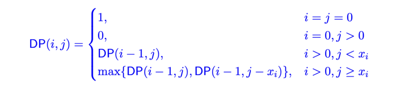 <p>Algorithm (DP)</p><p>Initialize a 2D array called DP with a size of (n+1) rows and (v+1) columns, filled with zeros.</p><p>Base Cases:</p><p>Set DP[0][0] to 1. This means you can successfully make a value of 0 using zero coins.</p><p>For all other values in the first row (where the target sum S is greater than 0), DP[0][S] remains 0, as you cannot make a positive value with zero coins.</p><p>Iteration: Loop through each coin denomination (k) from 1 to n. Inside that loop, loop through every possible target value (S) from 0 to v.</p><p>Case Analysis:</p><p>If the current target value S is smaller than the current coin value, you cannot use the coin. Set DP[k][S] equal to the result from the previous coin: DP[k-1][S].</p><p>If the target value S is greater than or equal to the coin value, check two things: could you make this value without the current coin (DP[k-1][S]), OR could you make the remaining value if you did use this coin (DP[k-1][S minus current coin value]). If either is true (1), set DP[k][S] to 1.</p><p>Result: The answer is stored in the bottom-right cell, DP[n][v].</p><p></p><p><strong>Time Complexity</strong> O(nv). The algorithm uses two nested loops where the outer loop runs n times and the inner loop runs v times. Every cell is calculated once in constant time.</p>