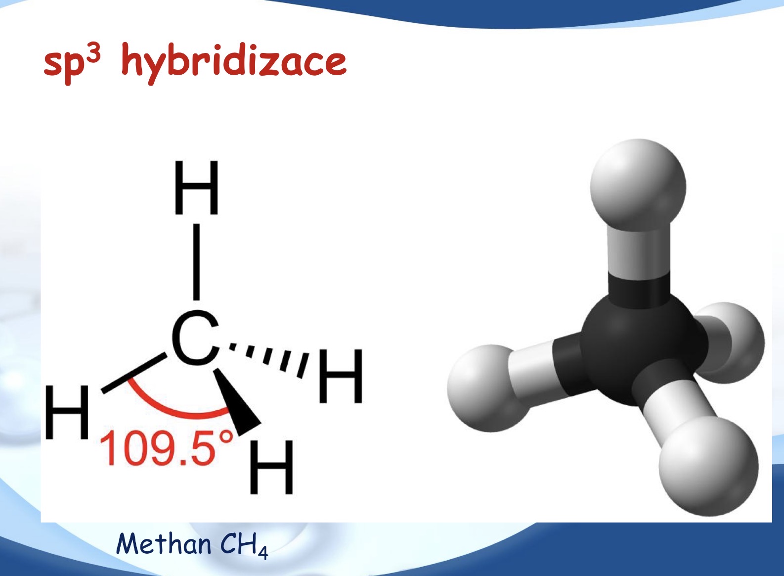 <p>Seřízeni jednoho s a tři p orbitalů</p><p>Všude kde z uhlíku vychází 4 jednoduché vazby</p>