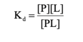 <p>affinity is a measure of how tight a protein P binds to a ligand L. This is also expressed as a dissociation constant, Kd, which is simply an equilibrium constant for the dissociation reacition. Kd has units of M, the lower the value of Kd, the tighter the binding</p><p>the value of Kd is always the same for a specific protein-ligand interaction</p>