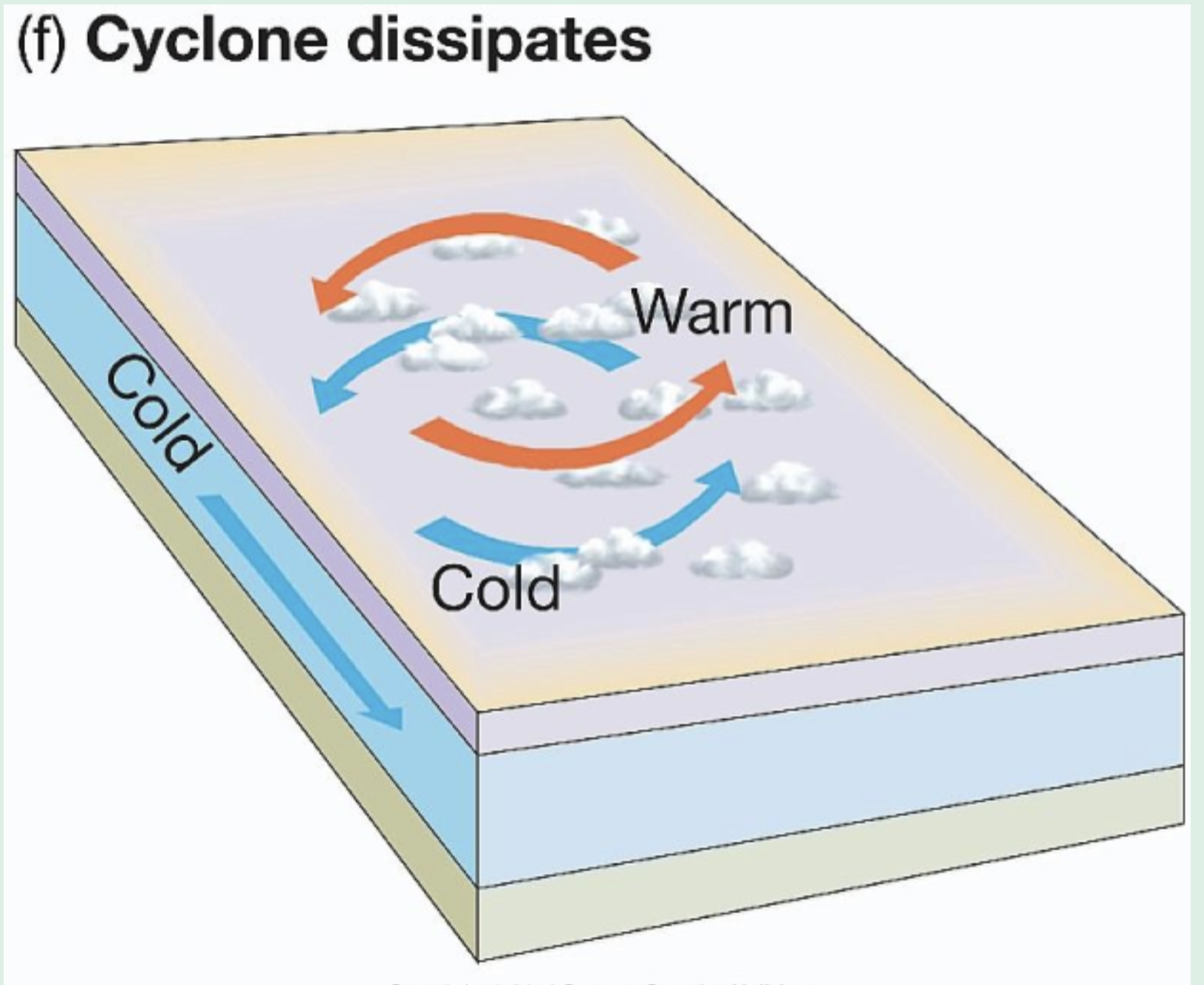 <p><strong>final stage of formation of midlatitude cyclone </strong></p><ul><li><p>dissipation </p></li><li><p>no warm air remains at the surface </p></li></ul><p></p>