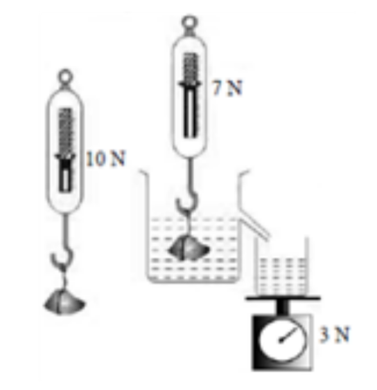 <p>A stone which weighs 10N in air is immersed in an overflow can which was full to the brim</p><p>The stone now weights 7N and the weight of the fluid displaced is 3N</p>
