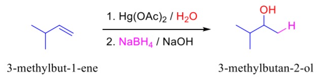 <p>Hg(OAc)2/H2O is responsible for the markovnikov addition of a =O (=O to the more substituted carbon in the double bond)</p><p></p><p>NaBH4 is responsible for converting =O to -OH.</p>