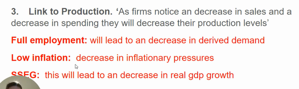 <ol><li><p class="Paragraph SCXW71741098 BCX8" style="text-align: left;"><span style="line-height: 18.3458px;">Factor (demonstrate understanding of the factor)&nbsp;</span></p></li></ol><ol start="2"><li><p class="Paragraph SCXW71741098 BCX8" style="text-align: left;"><span style="line-height: 18.3458px;">AD components (AD = C + I + G + (X – M))&nbsp;</span></p></li></ol><ol start="3"><li><p class="Paragraph SCXW71741098 BCX8" style="text-align: left;"><span style="line-height: 18.3458px;">Link spending to production&nbsp;</span></p></li></ol><ol start="4"><li><p class="Paragraph SCXW71741098 BCX8" style="text-align: left;"><span style="line-height: 18.3458px;">Impact on the goal</span></p></li></ol><p></p>