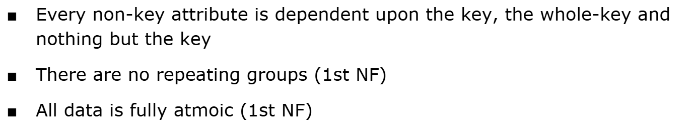 <p>Every non-key attribute is dependent upon the key, the whole key, and nothing but the key. All data is fully atomic, and there are no repeating groups.</p>