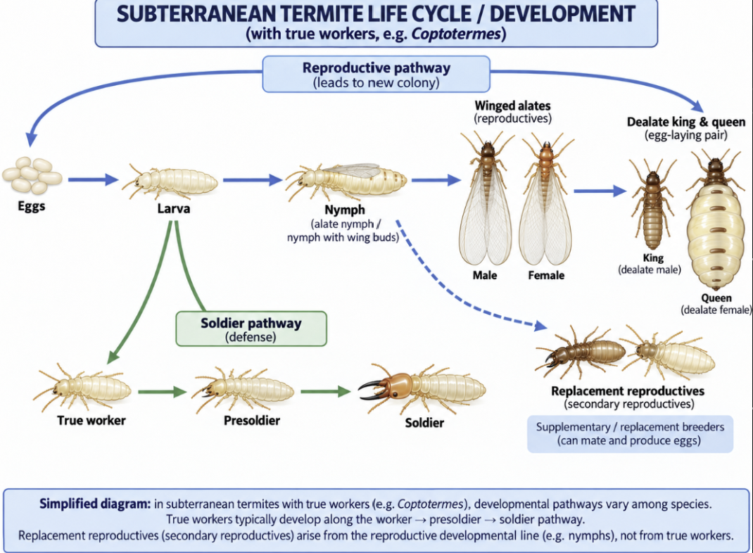 <p>Egg → immature stages → mature reproductive.<br>There is <strong>no pupal stage</strong>. <strong>(Find picture)</strong></p>