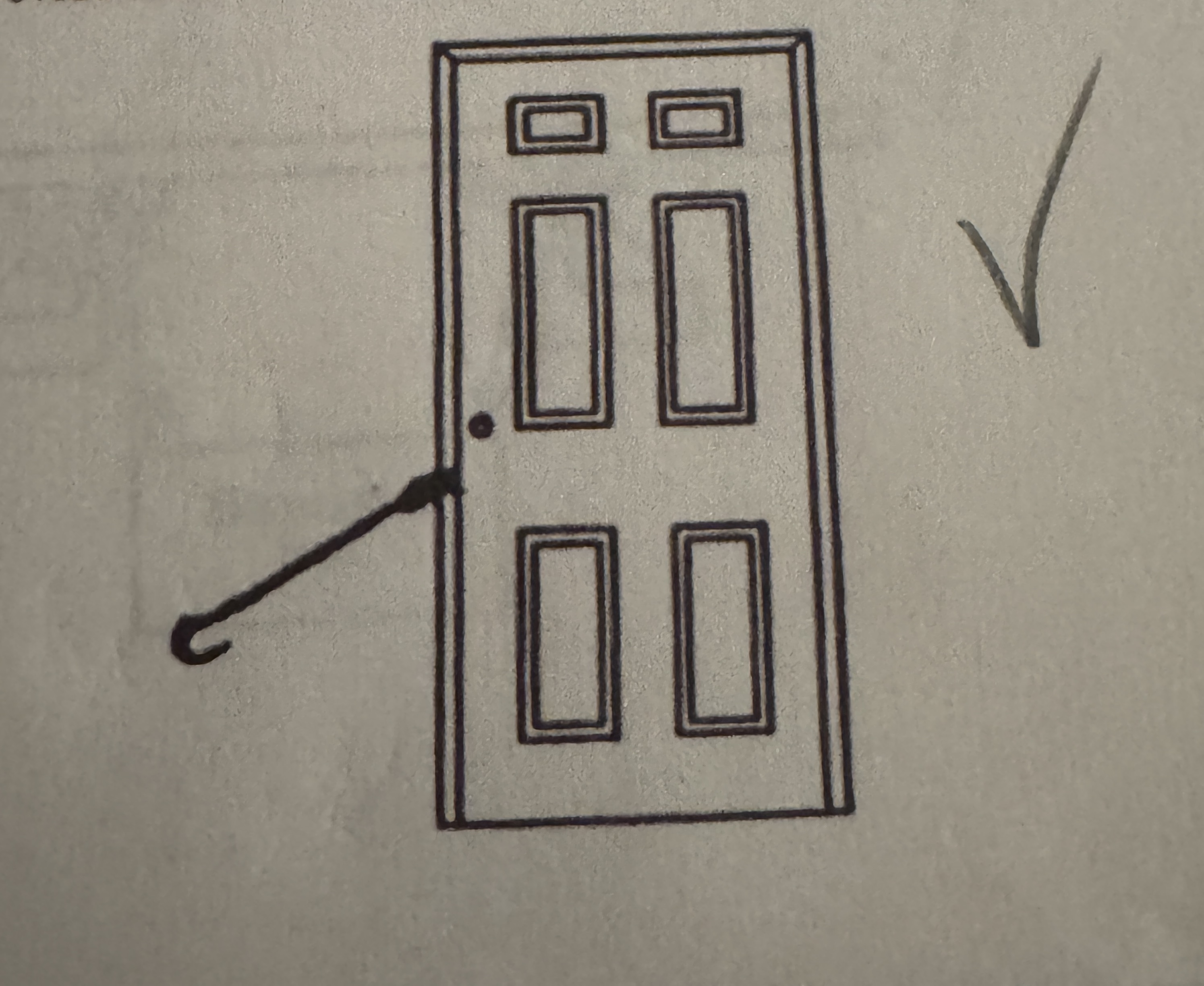 <p>Which direction would provide the best leverage for opening the door?        </p><p>A) toward you </p><p>B) away from you </p><p>C) neither </p>