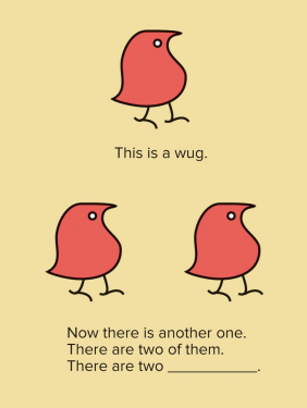 <p>In Jean Berko’s (19 58) study, young children were presented cards, such as this one with a “wug” on it. Then the children were asked to supply the missing word; in supplying the missing word, they had to say it correctly, too. “Wugs” is the correct response here. Berko, J. (19 58). The child’s learning of English morphology. Word, 14, 154. Copyright 19 58 by Jean Berko Gleason. All rights reserved. Used with permission.</p>